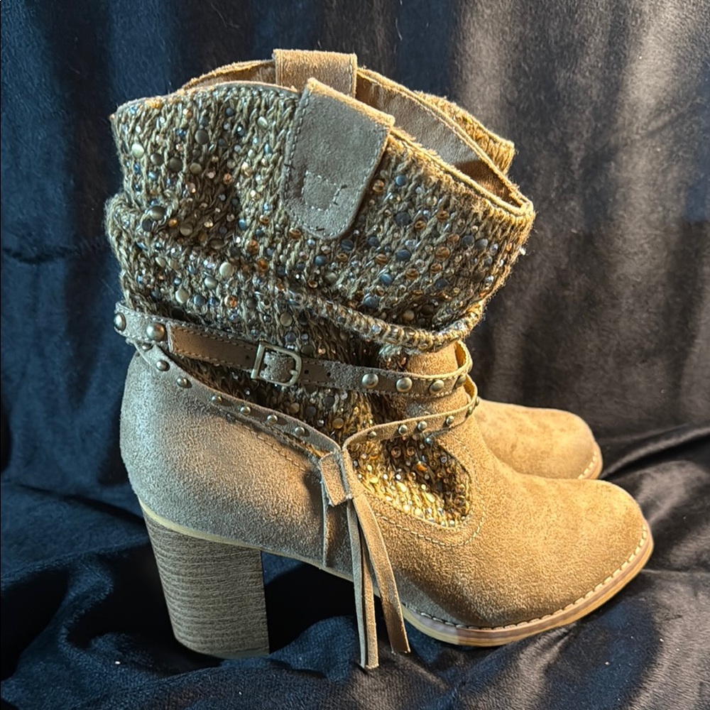 Not Rated Tan Heeled Boots with Knit Overlay
